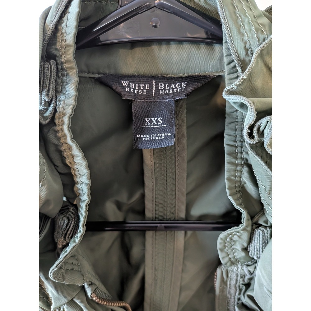 White House Black Market Olive Green Ruffle Utility Jacket XXS Crystal Buttons - Picture 5 of 5